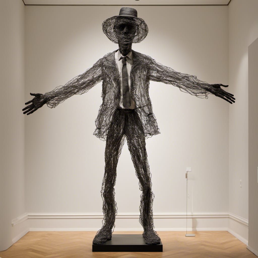 A wire sculpture of a man with a hat