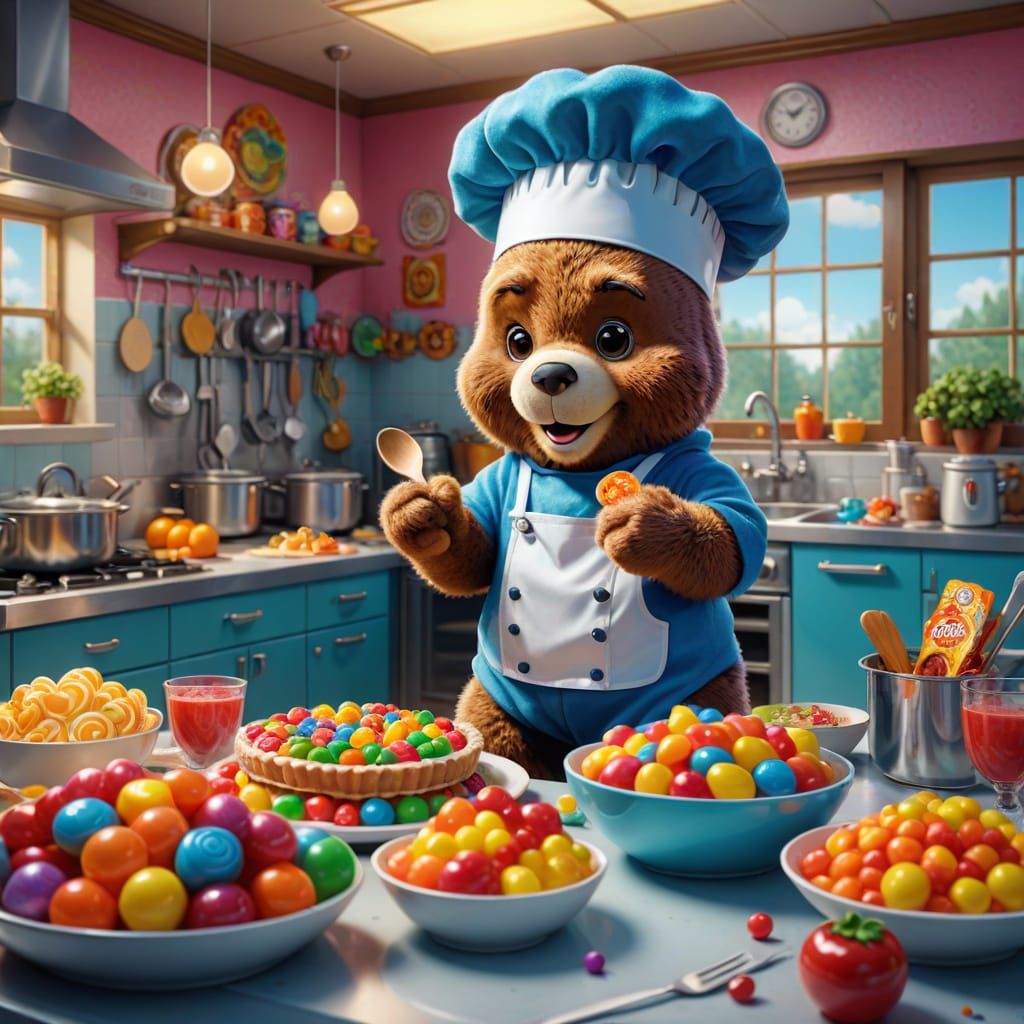 Surreal Care Bear Chef Prepares Vibrant Candy Kitchen Feast