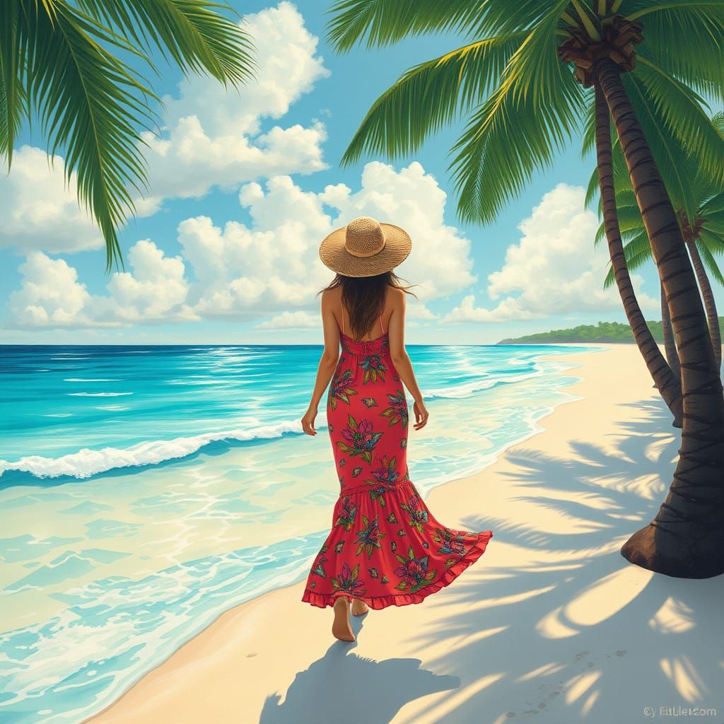 Tropical Beach Scene in Surreal Folk Art Style