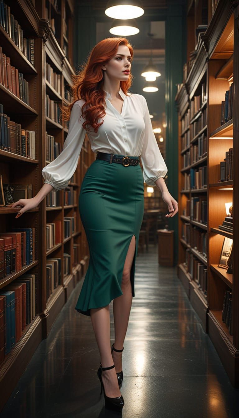 A 25 year old woman stands poised in a library, reaching up toward the shelves filled with books. Her very long, flowing...
