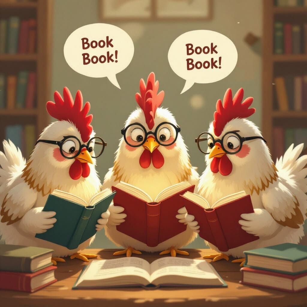 Chickens Reading Books with Speech Bubbles