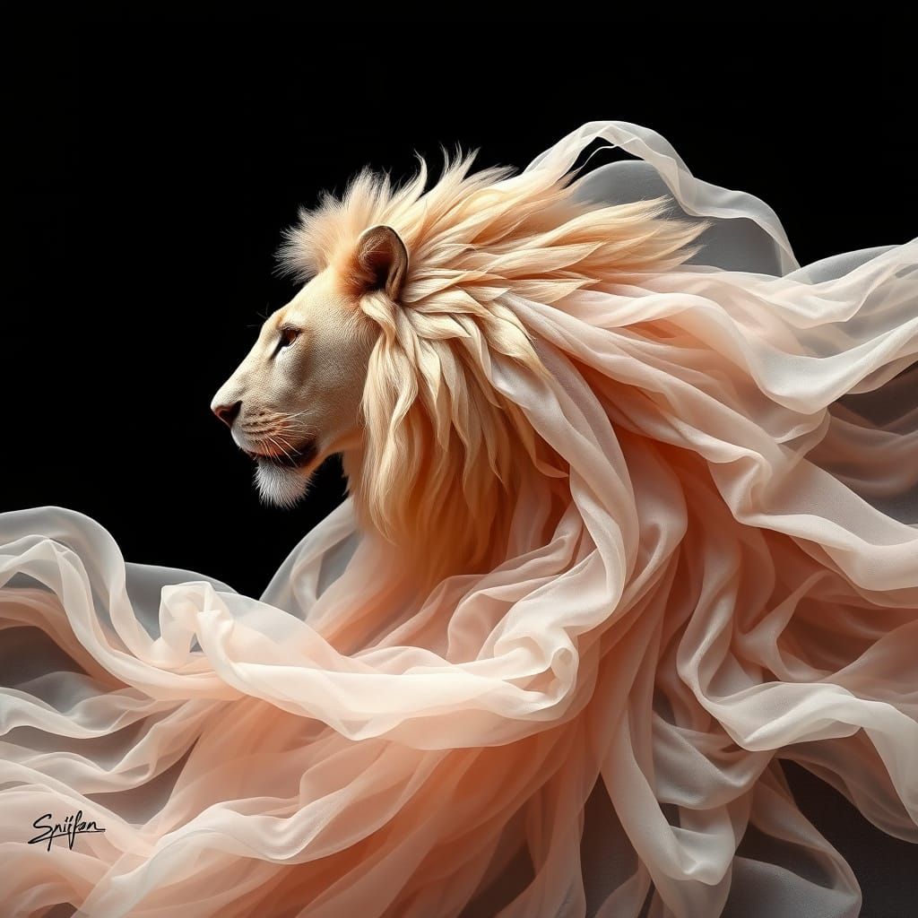 Regal Lion Emerge from Whispers of Chiffon