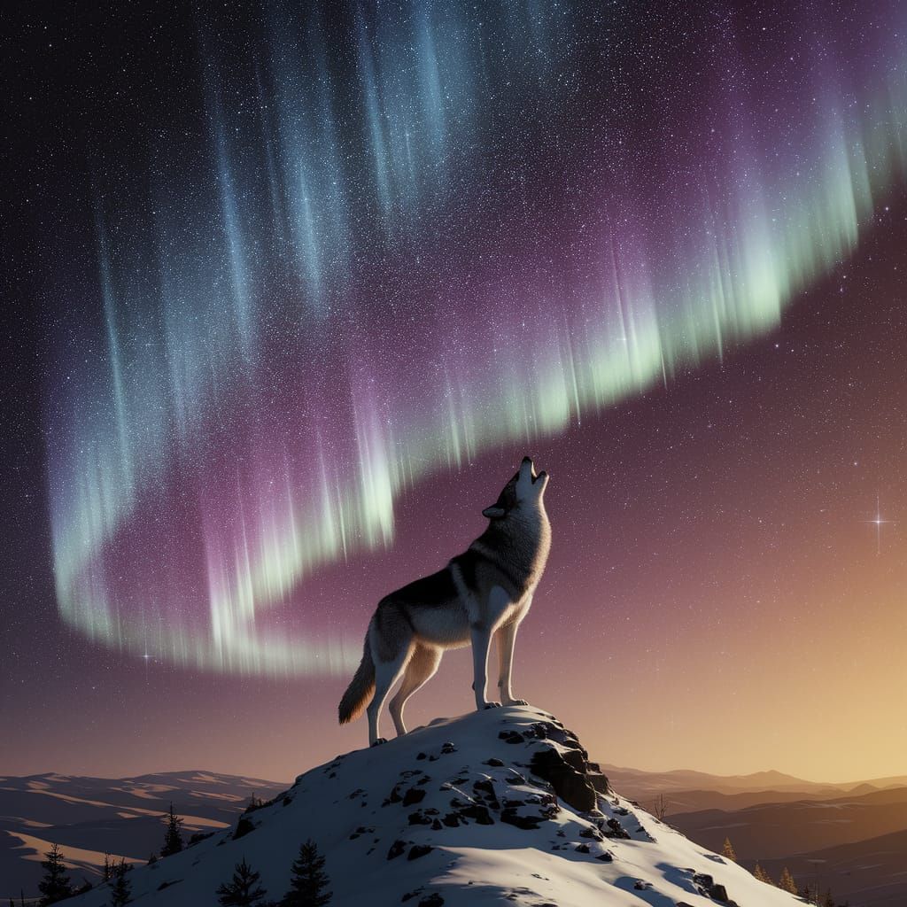 Lone Wolf Howls Under Starry Sky and Aurora Borealis
