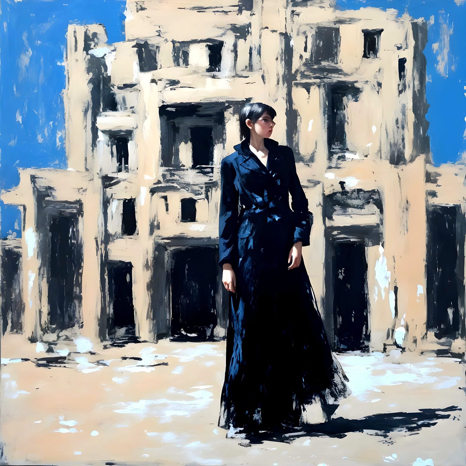 Abstract Expressionist Painting of Woman in Civic Center