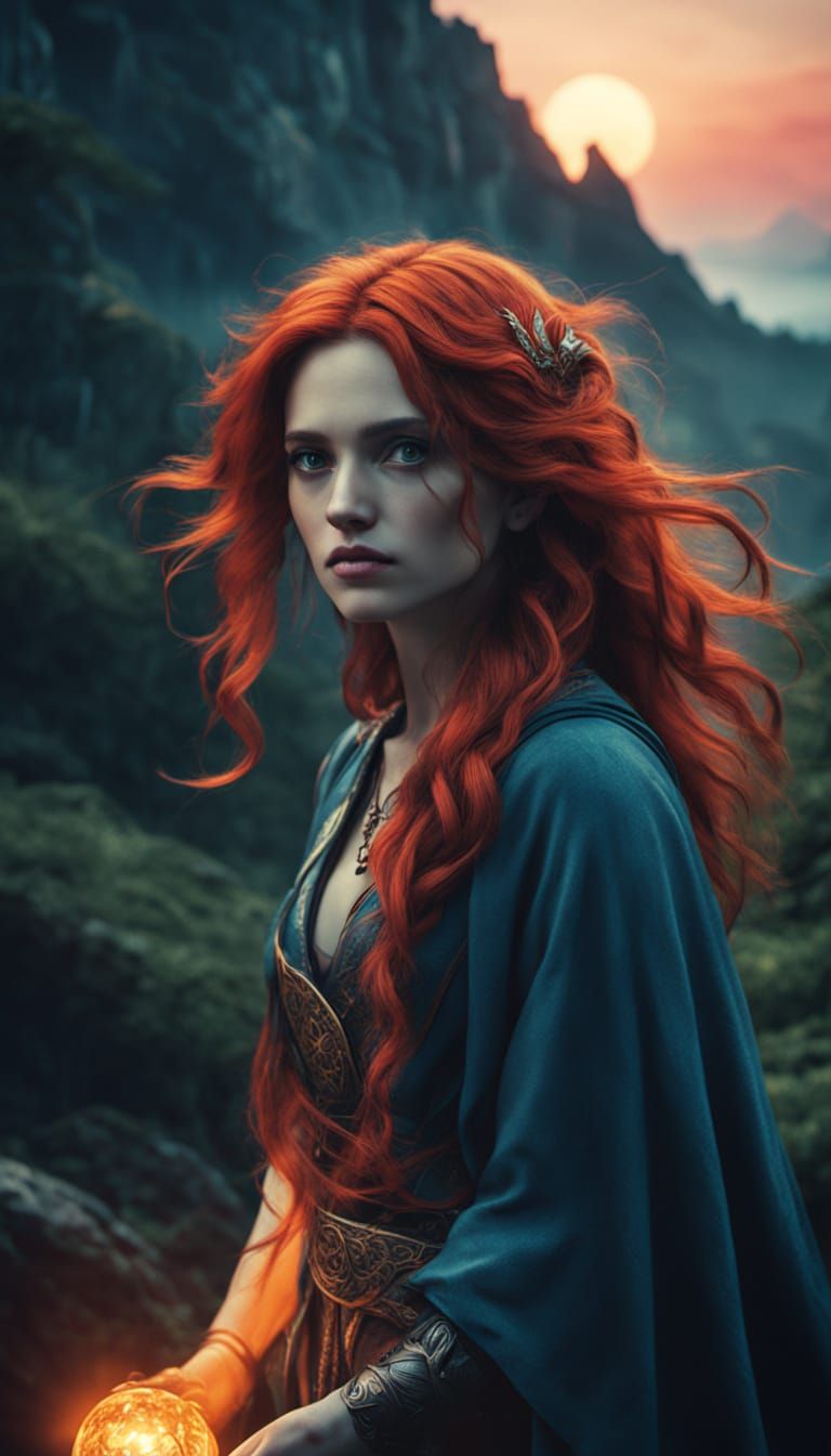 Blue-Haired Sorceress at Sunset in Hyperrealistic Style