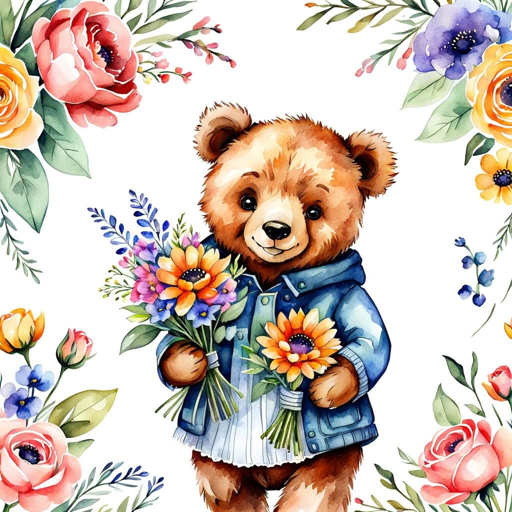 Joyful Teddy Bear with Flowers in Watercolor Sketch