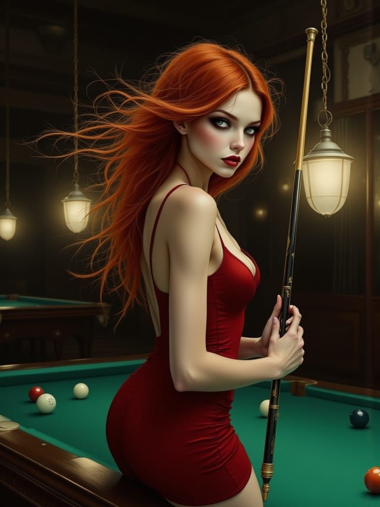 Confident Redhead in Pool Hall, Moody Surrealism