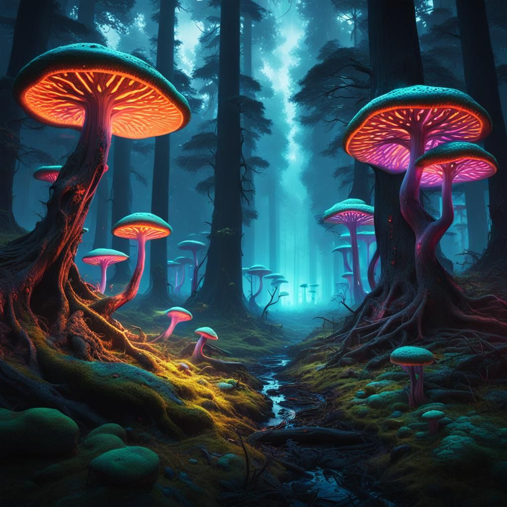 Neon Mushrooms Light Up Dark Forest