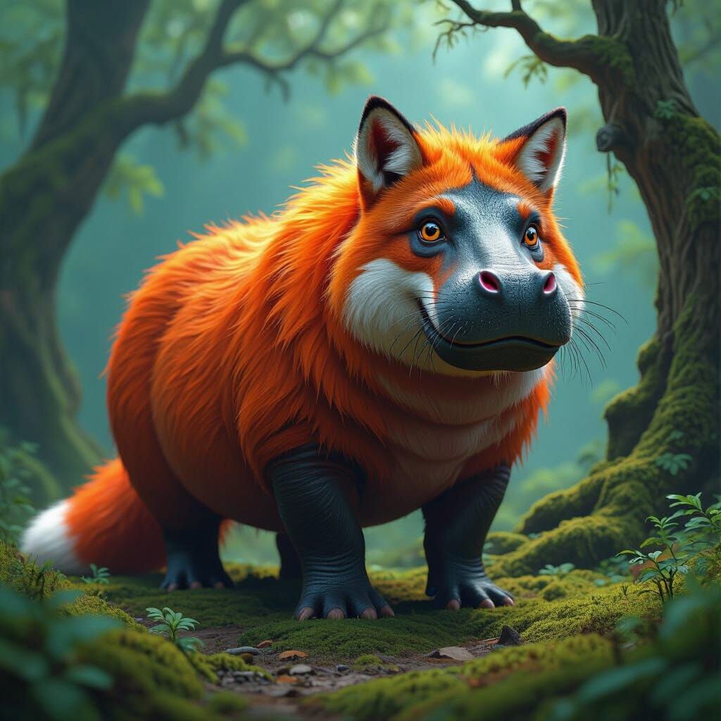 Fantasy Creature: Fox-Hippo Hybrid with Fiery Fur