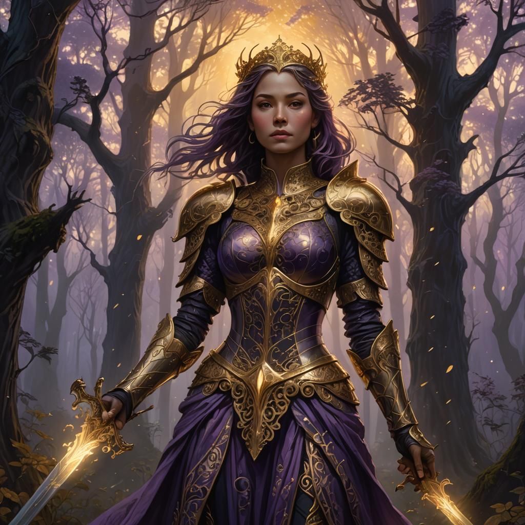 Golden Heart Queen in Misty Forest, Art Nouveau