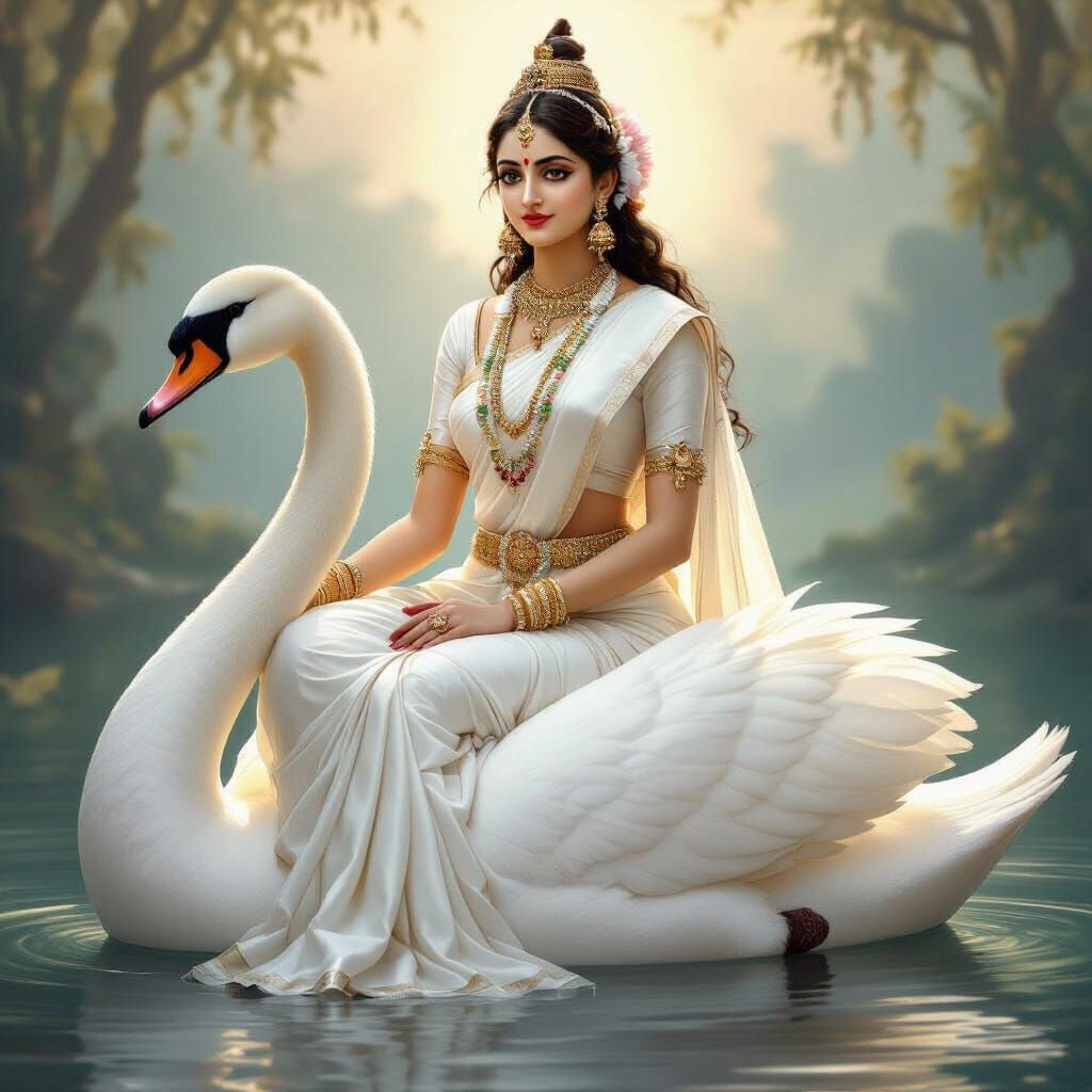 Devi Brahmacharini on Swan in White Saree