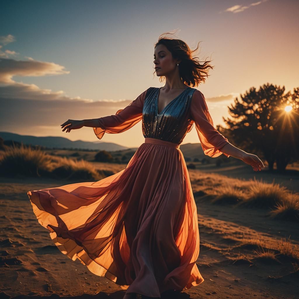 Woman Dancing in Dramatic Sunset Lighting