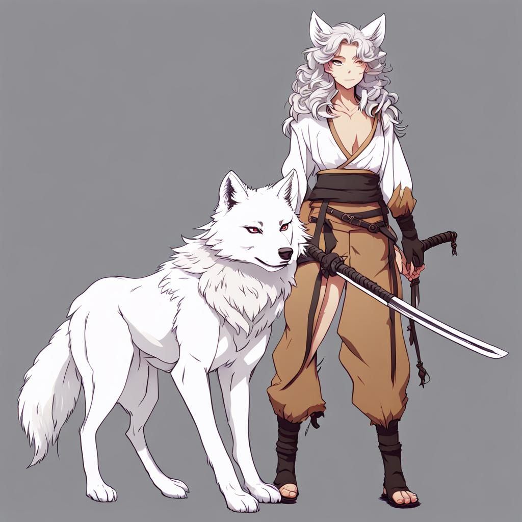 Fantasy Wolf Girl Walking Oriental City Street