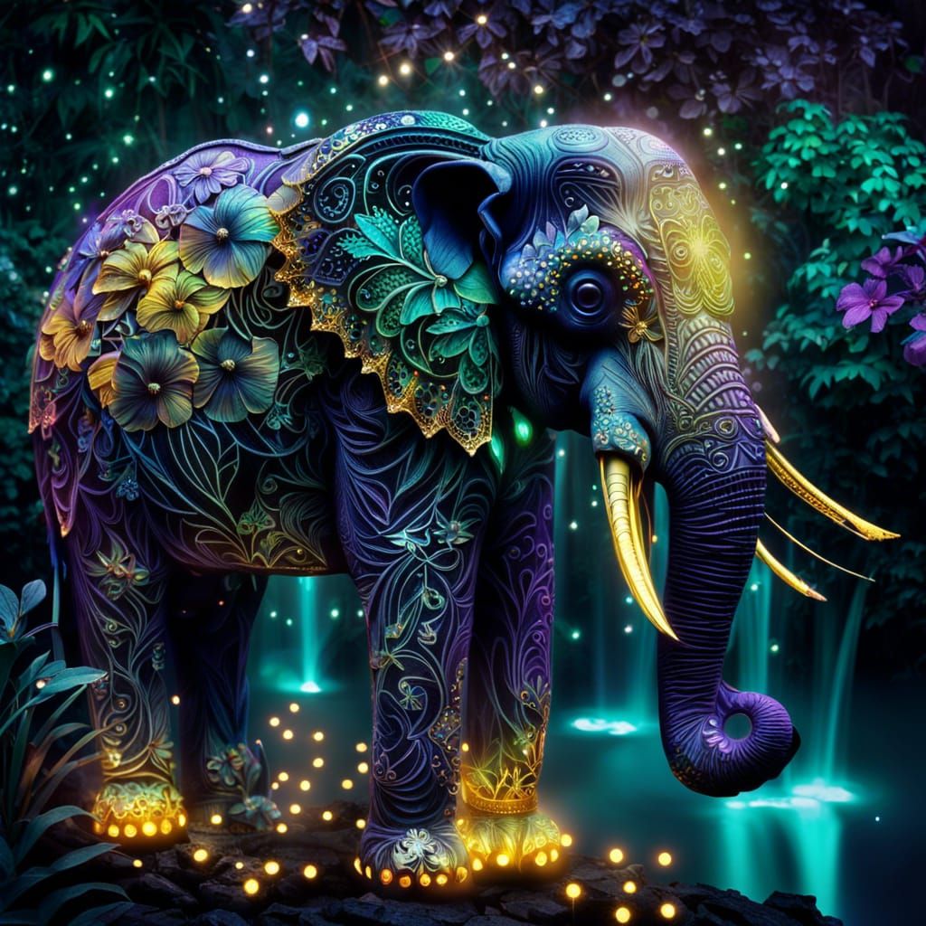 Iridescent Elephant in a Glittering Jungle Waterfall