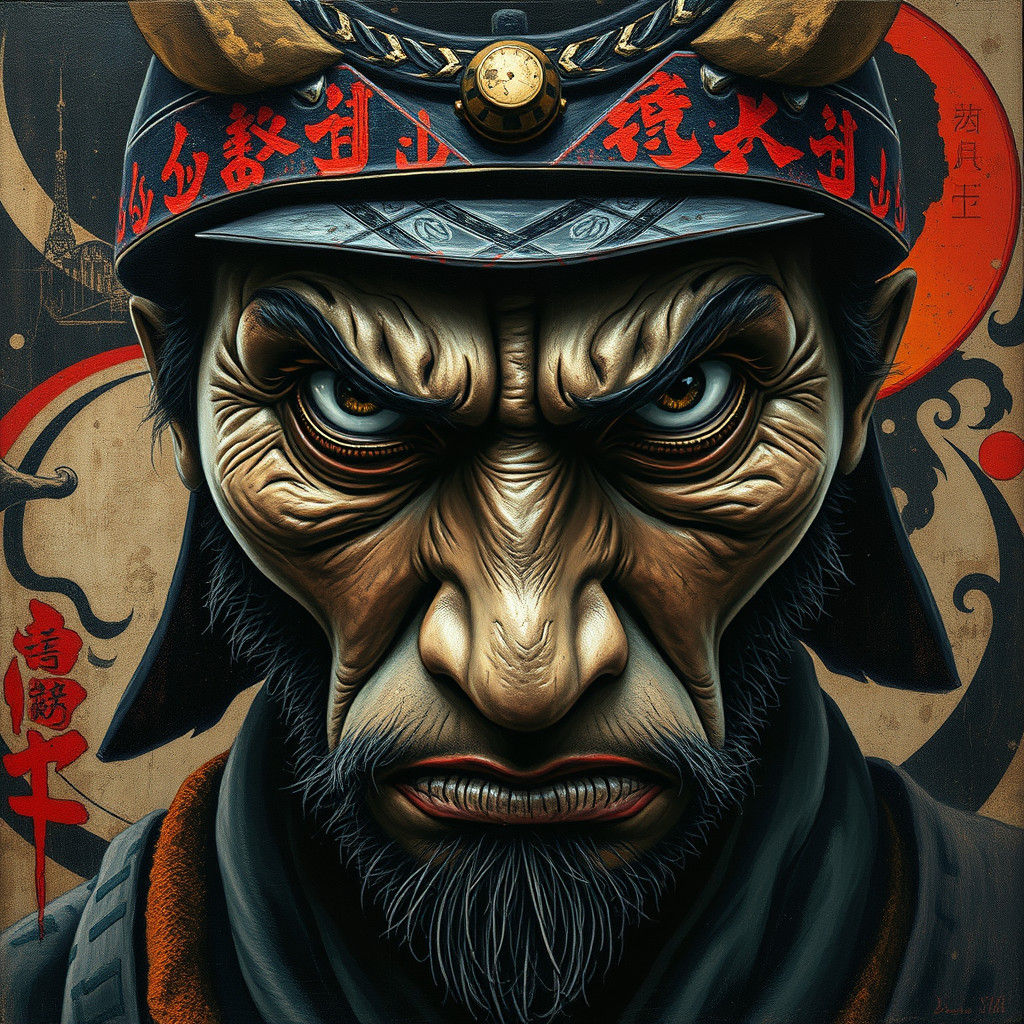 Samurai's Intense Gaze in Trompe L'Oeil Impasto Style