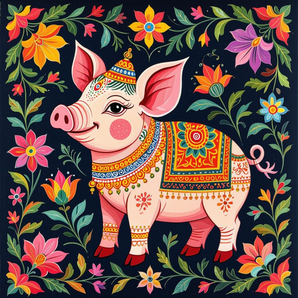 Charming Pig in Kalamkari Art Style