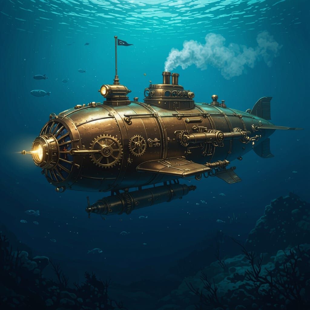 Steampunk Submarine Gliding Through the Ocean