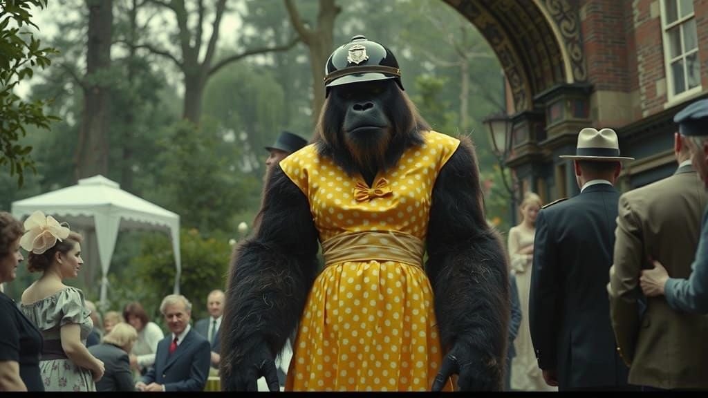 Bigfoot in Yellow Dress at Victorian Garden Party