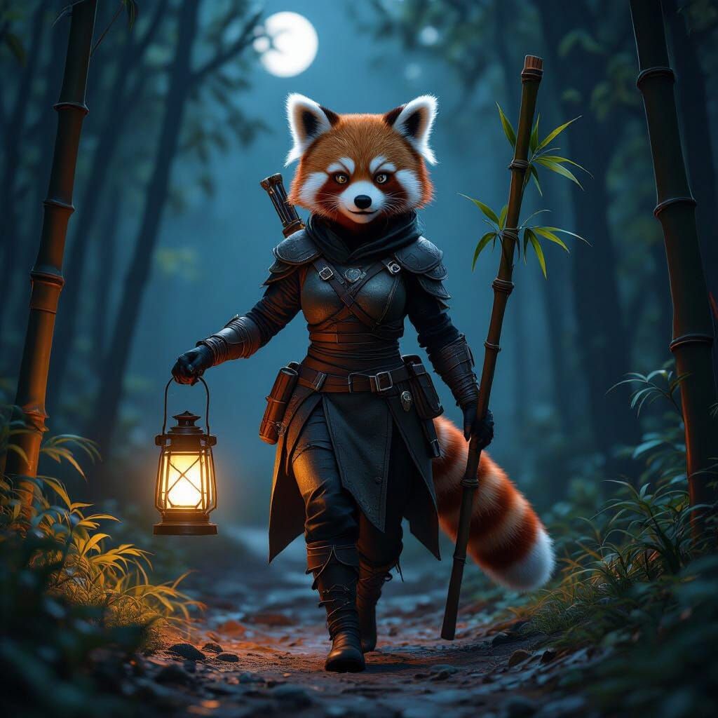 Red Panda Adventurer in Moonlit Forest