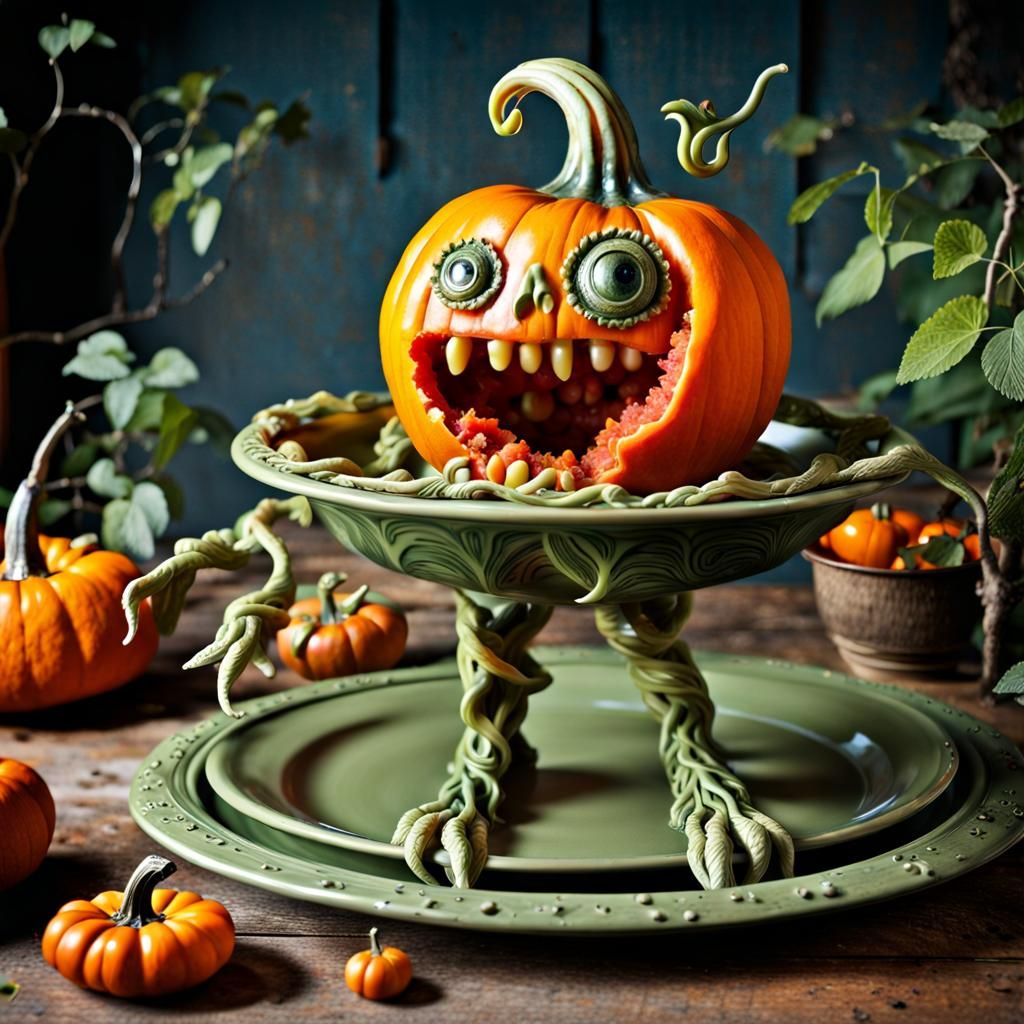 Whimsical Pumpkin Monster in a Vegetable Garden