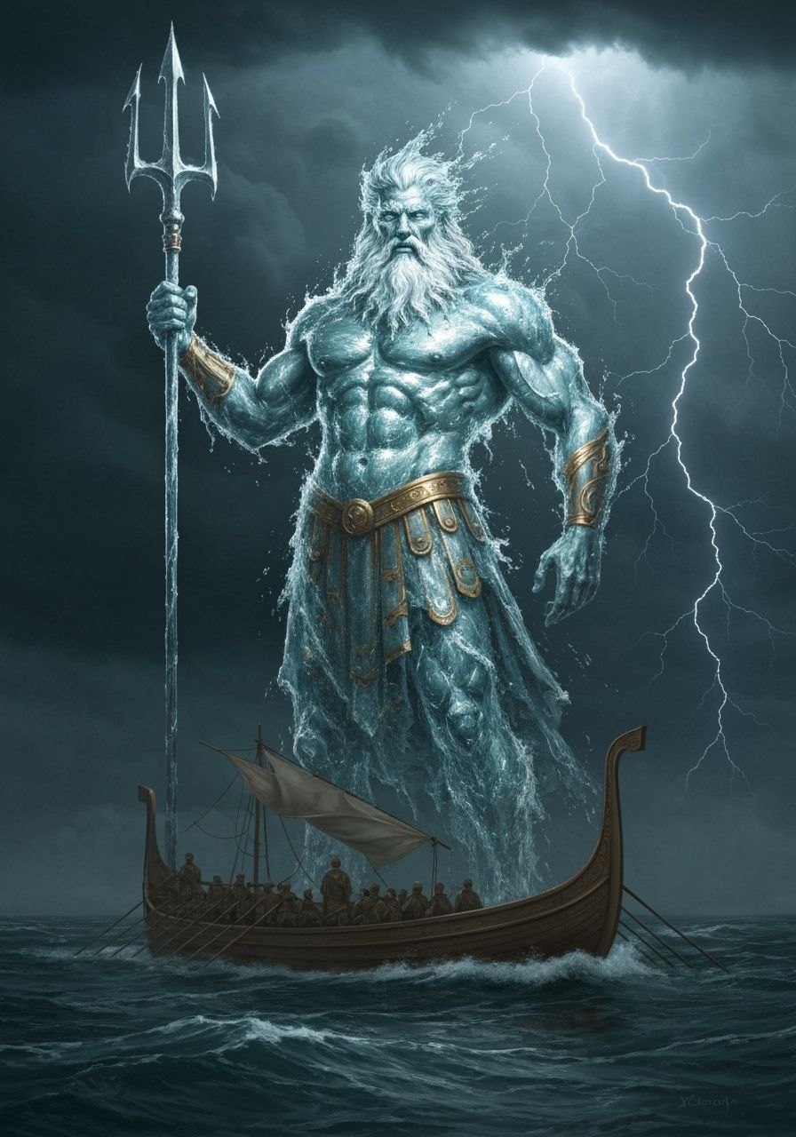 Colossal Water Poseidon Over Greek Galley in Storm