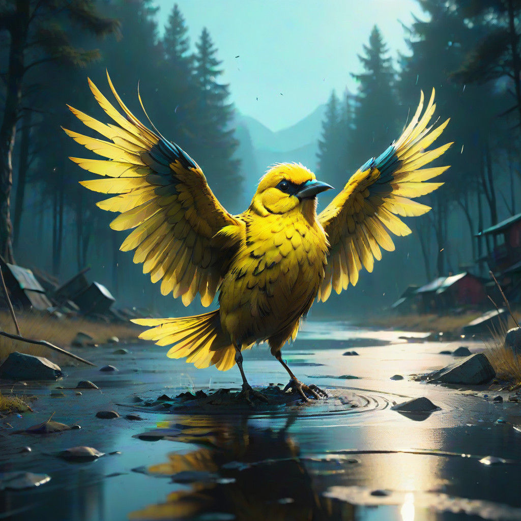 Stunning Yellow Bird in Reflection: Epic Cinematic Digital A...