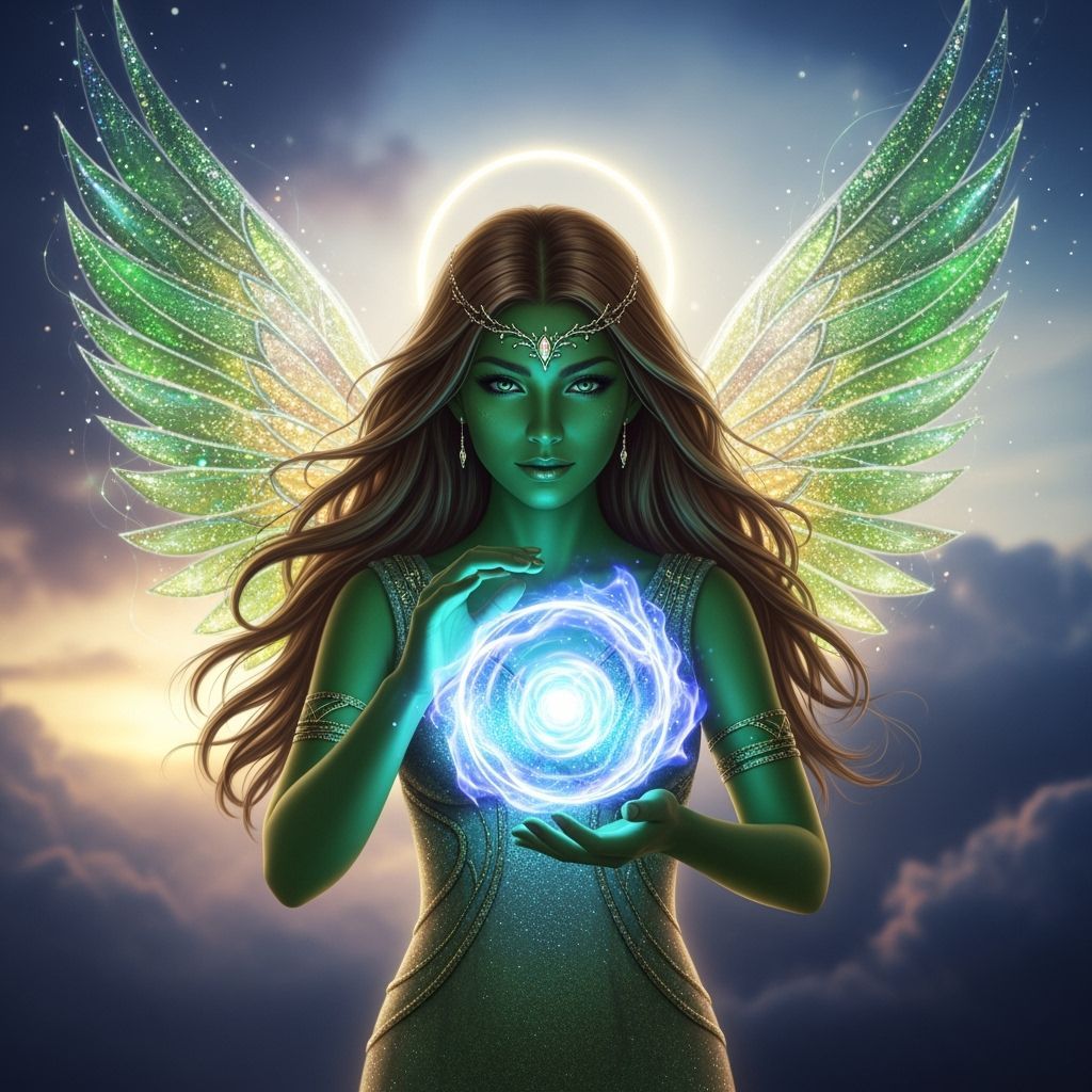 Green Skinned Angel with Orb of Blue Flames