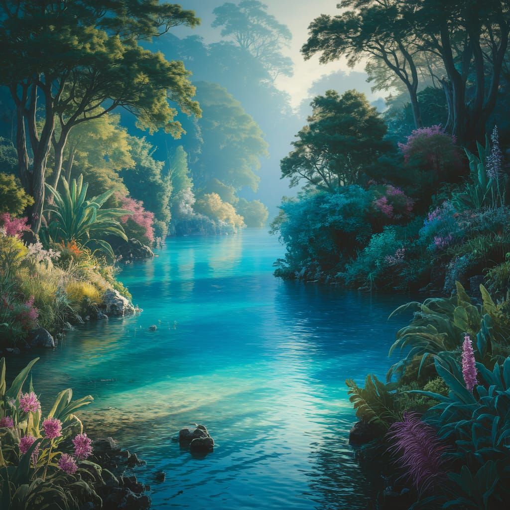 Ethereal Blue Lagoon in Dreamy Landscape Painting
