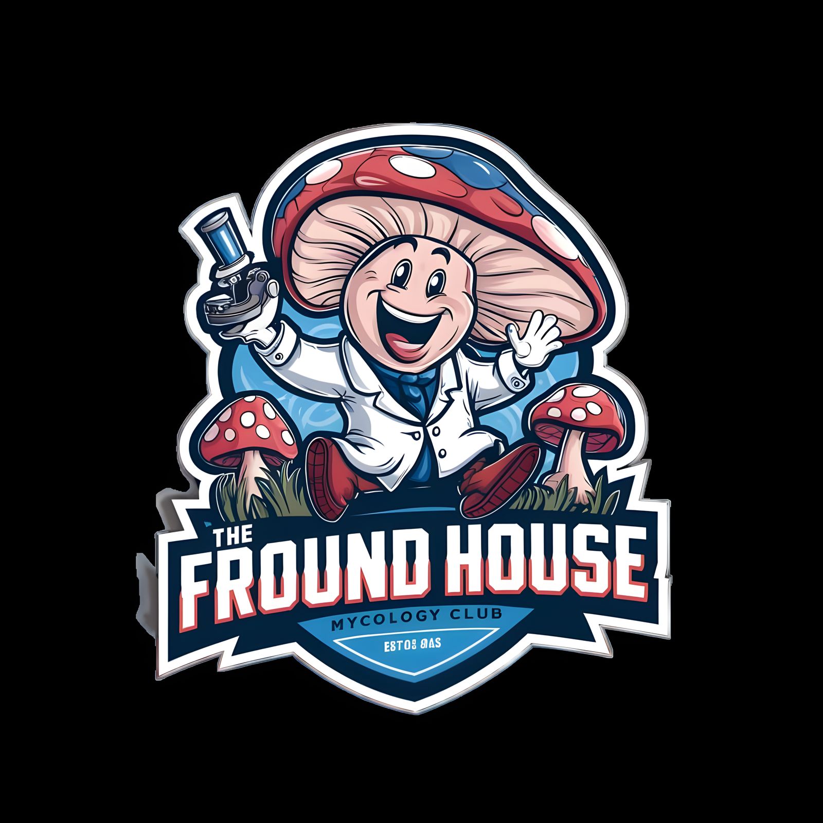 Mycology Club Logo with Cartoon Mushroom in Lab Coat