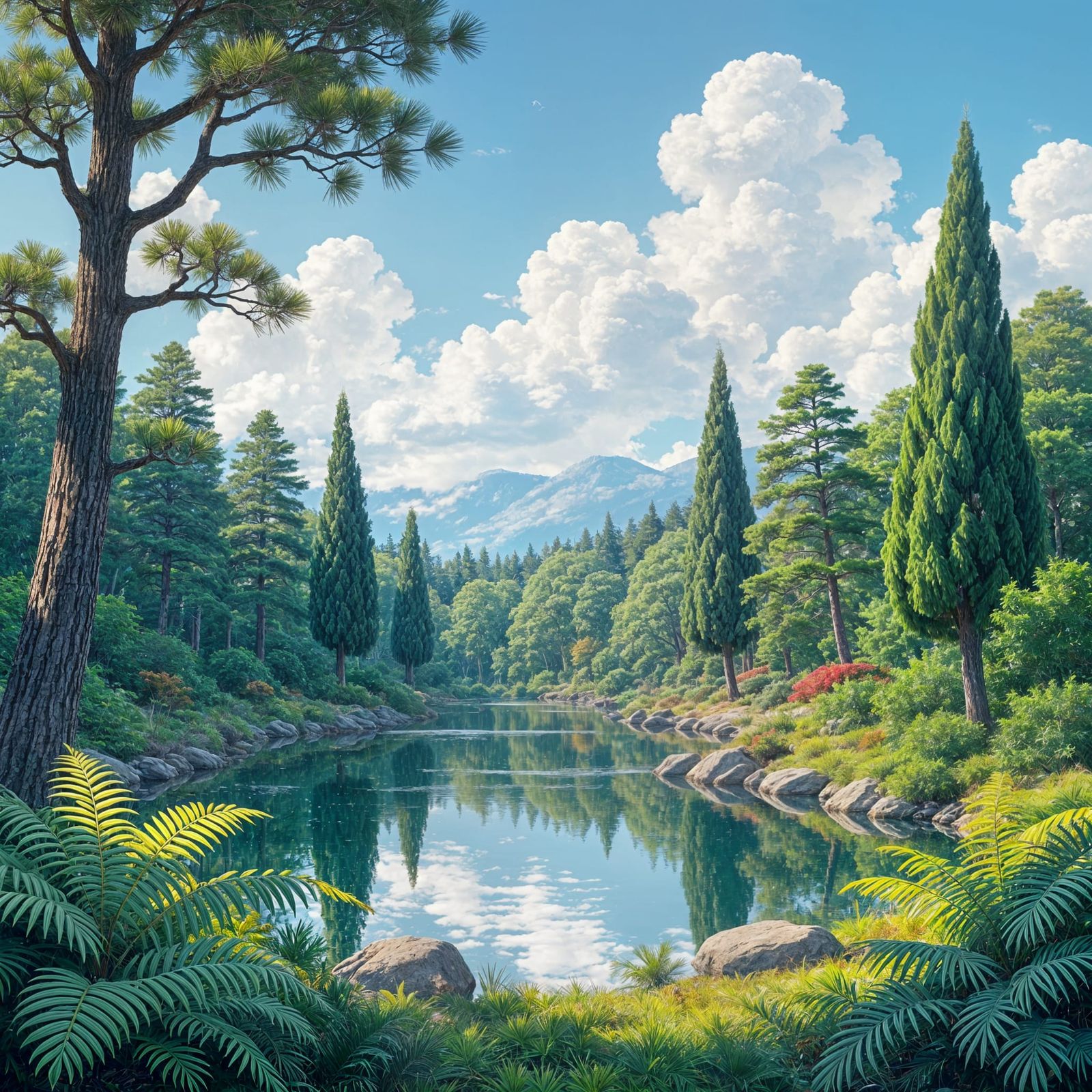 Lush Gymnosperm Forest with Pond and Blue Sky