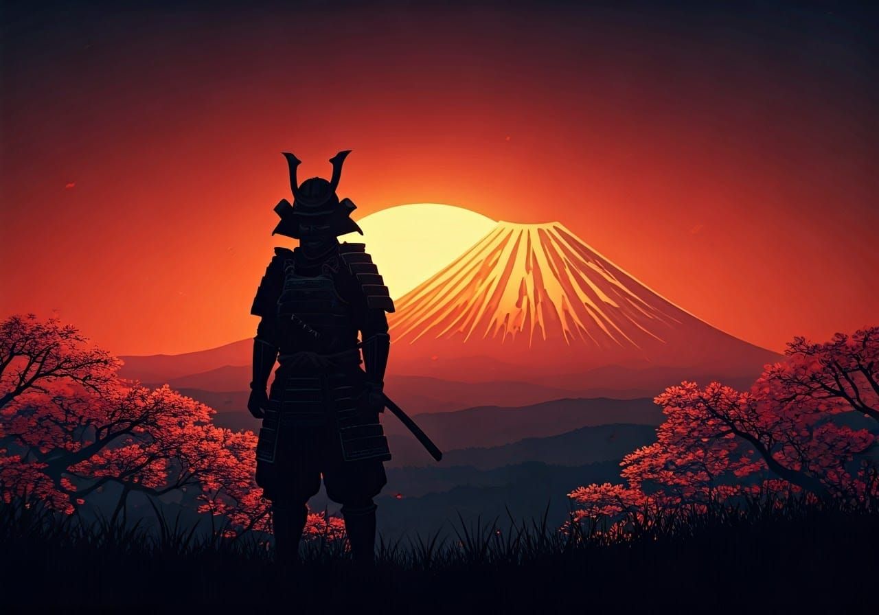 Samurai Sunset Silhouette in Ukiyo-e Style