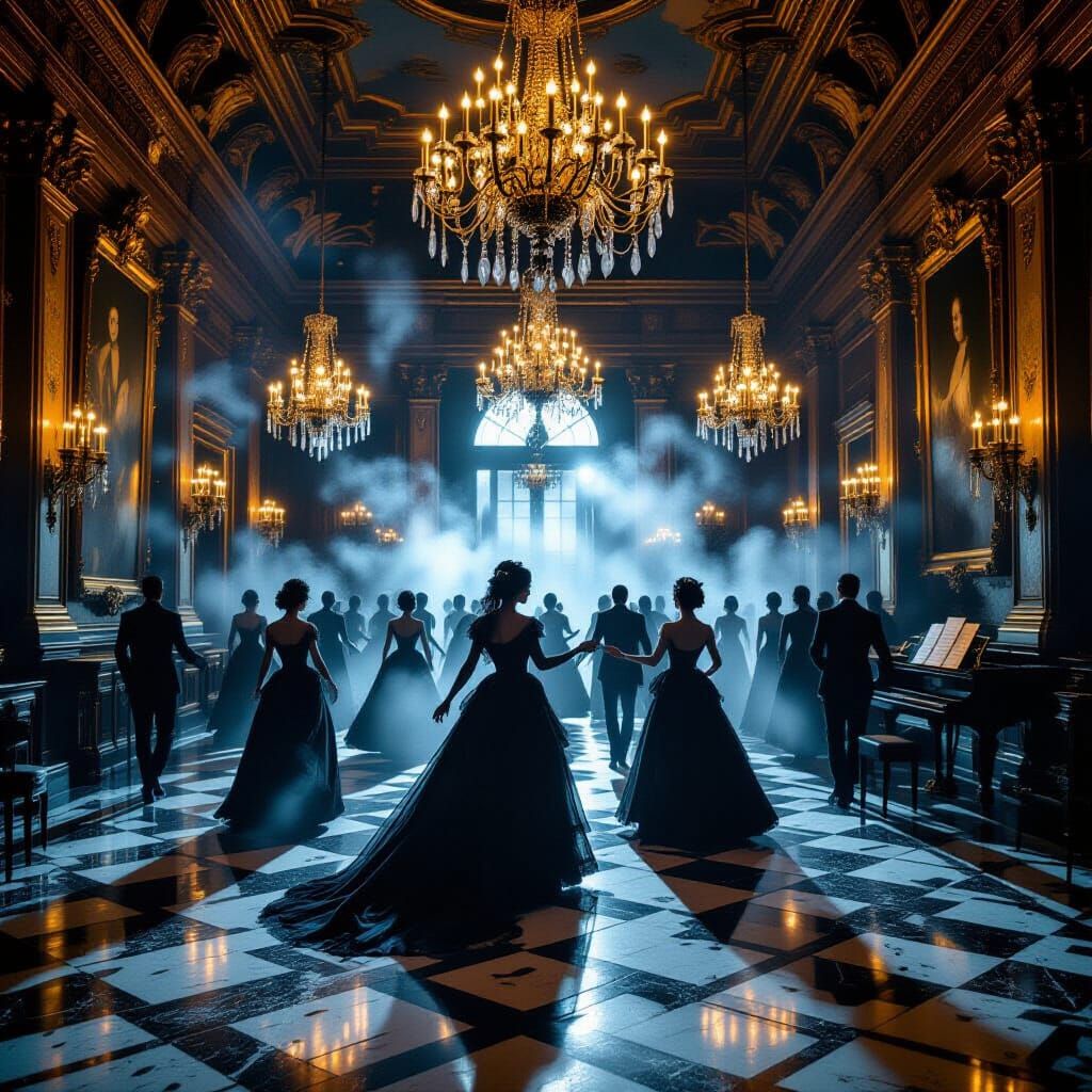 Haunted Ballroom: Phantom Guests in Golden Light