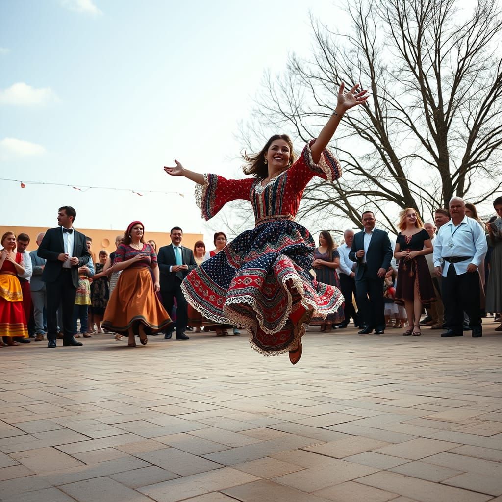 Romanian Woman Leaps in Dabke Dance