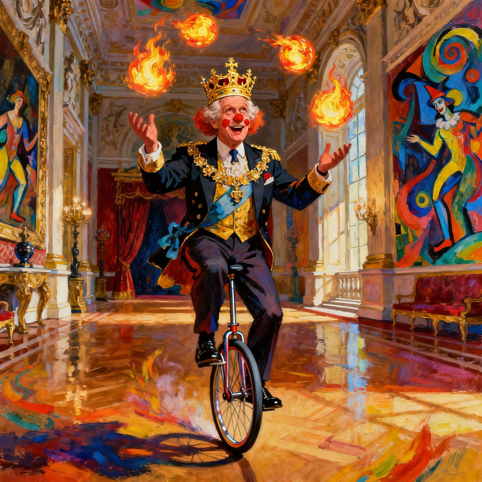 King Charles III as Clown Juggling Fire in Palace