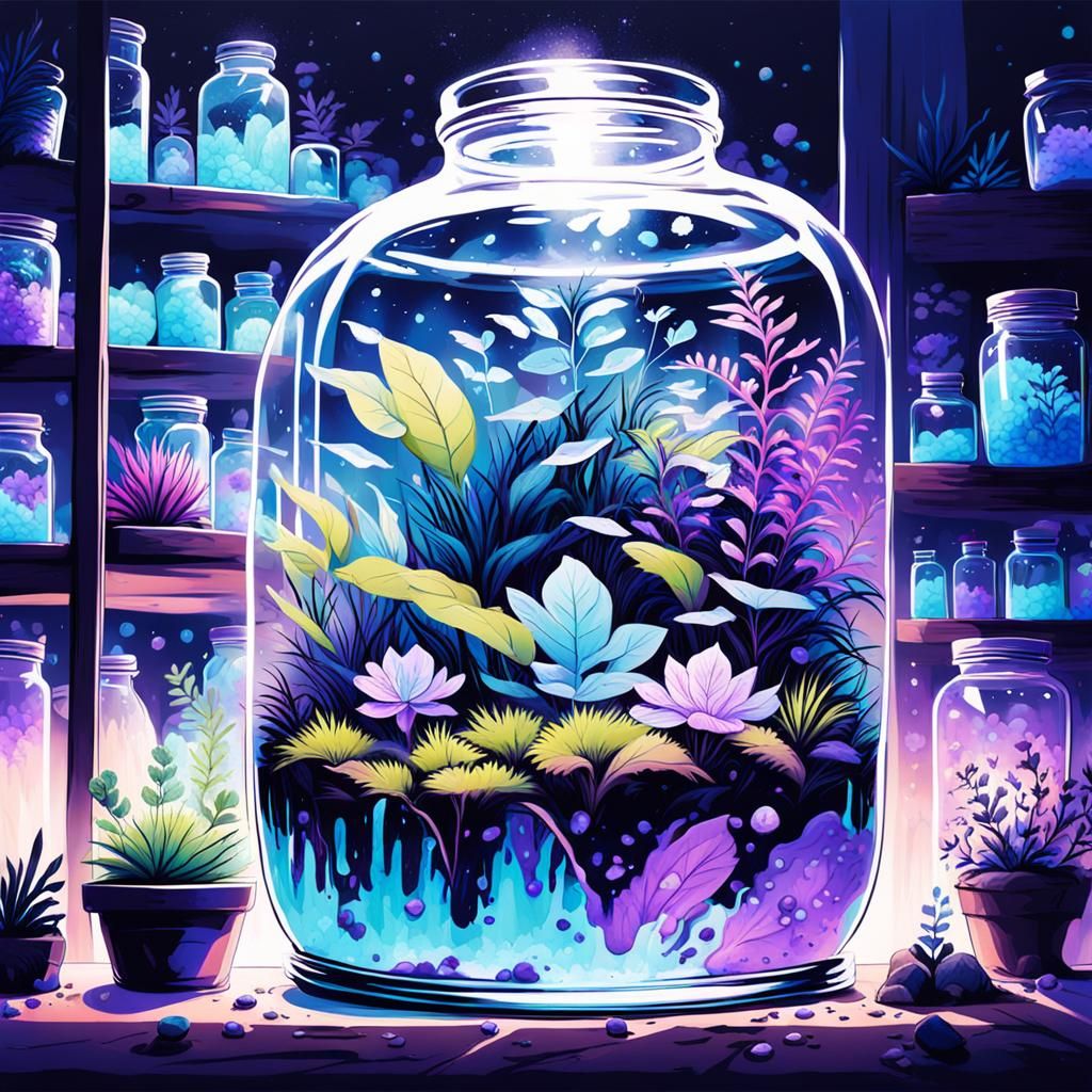 Bioluminescent Terrarium at Night in Graffiti Art Style