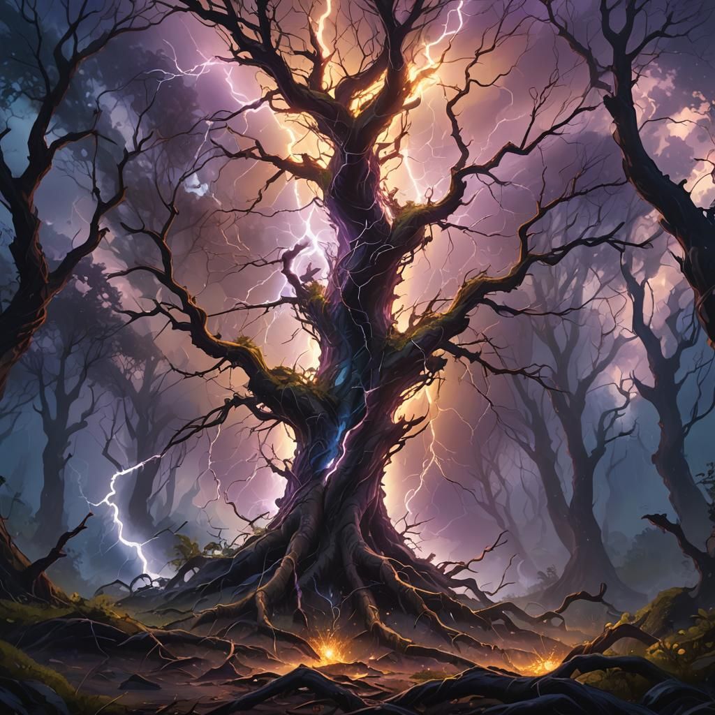 Mystical Forest Lightning Burst in Oil Painting Style