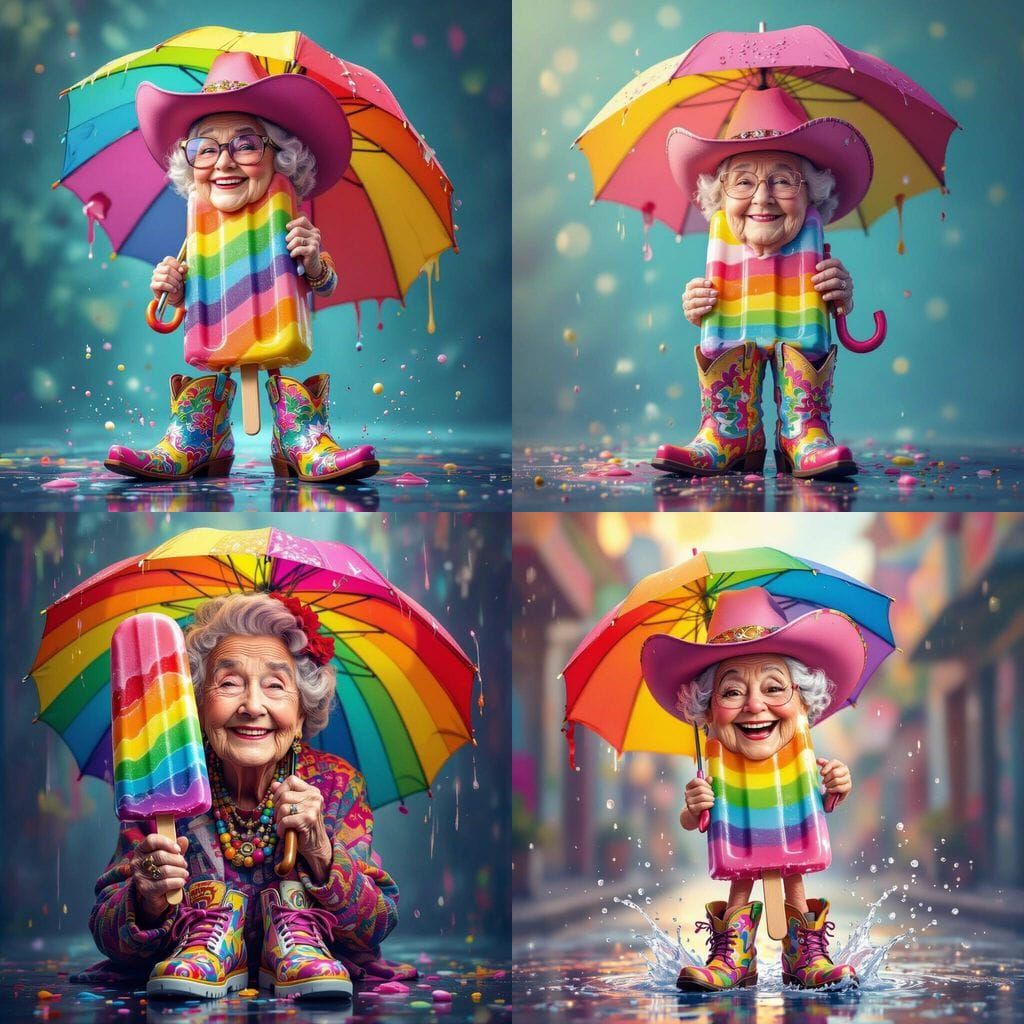 Rainbow Popsicle Woman in Cowboy Hat with Rainbow Umbrella
