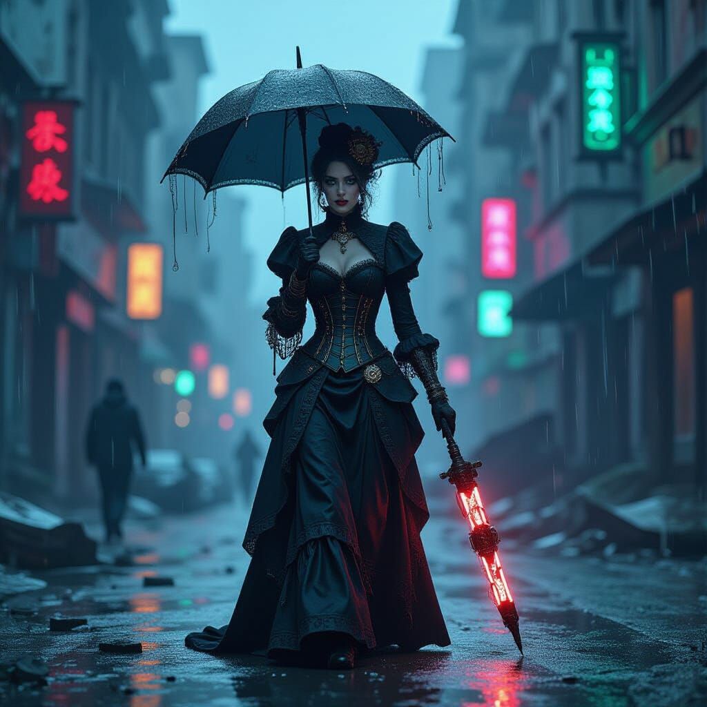 Dystopian Cityscape Walker in Steampunk-Goth Style