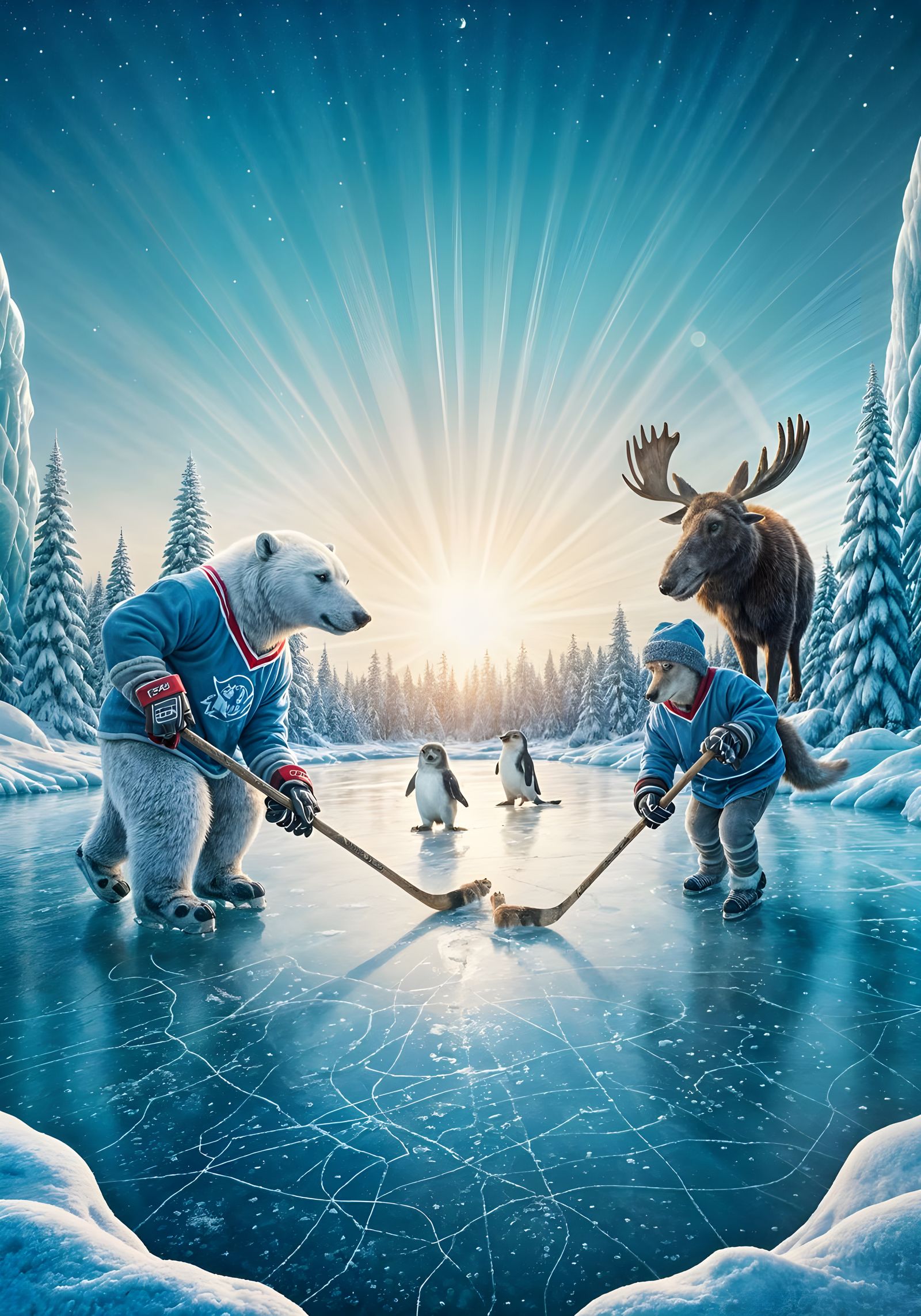 Arctic Animals Play Hockey in Winter Wonderland