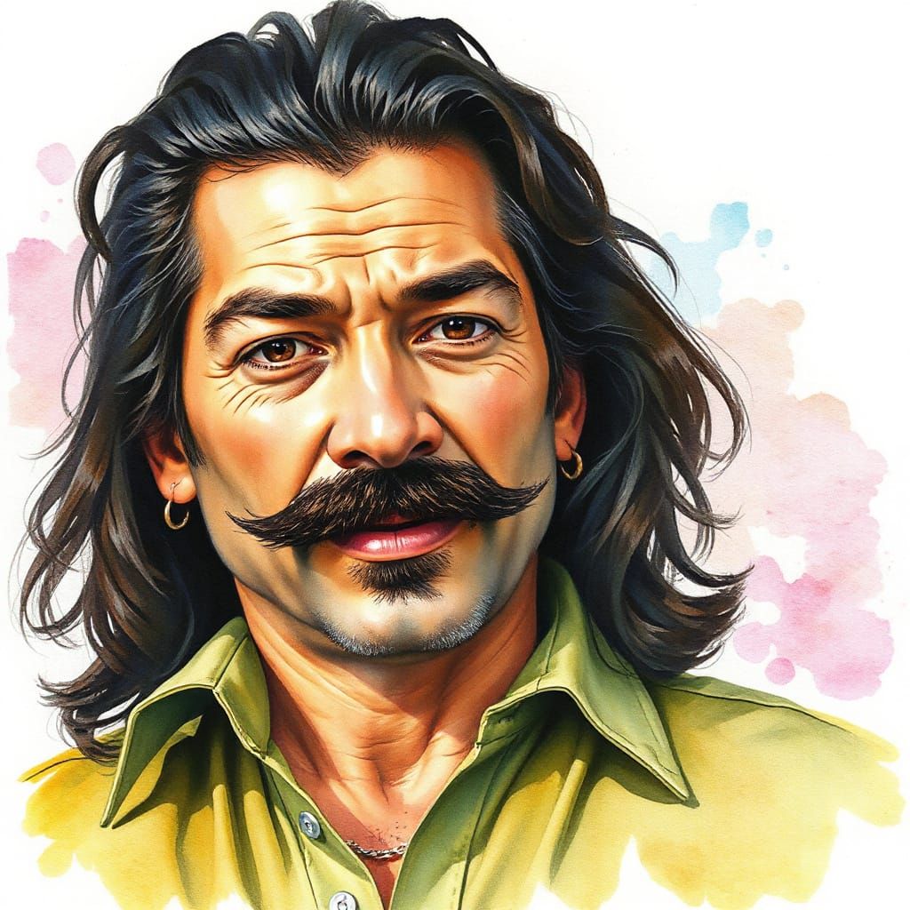 Impressionistic Watercolor Portrait of Man with Moustache