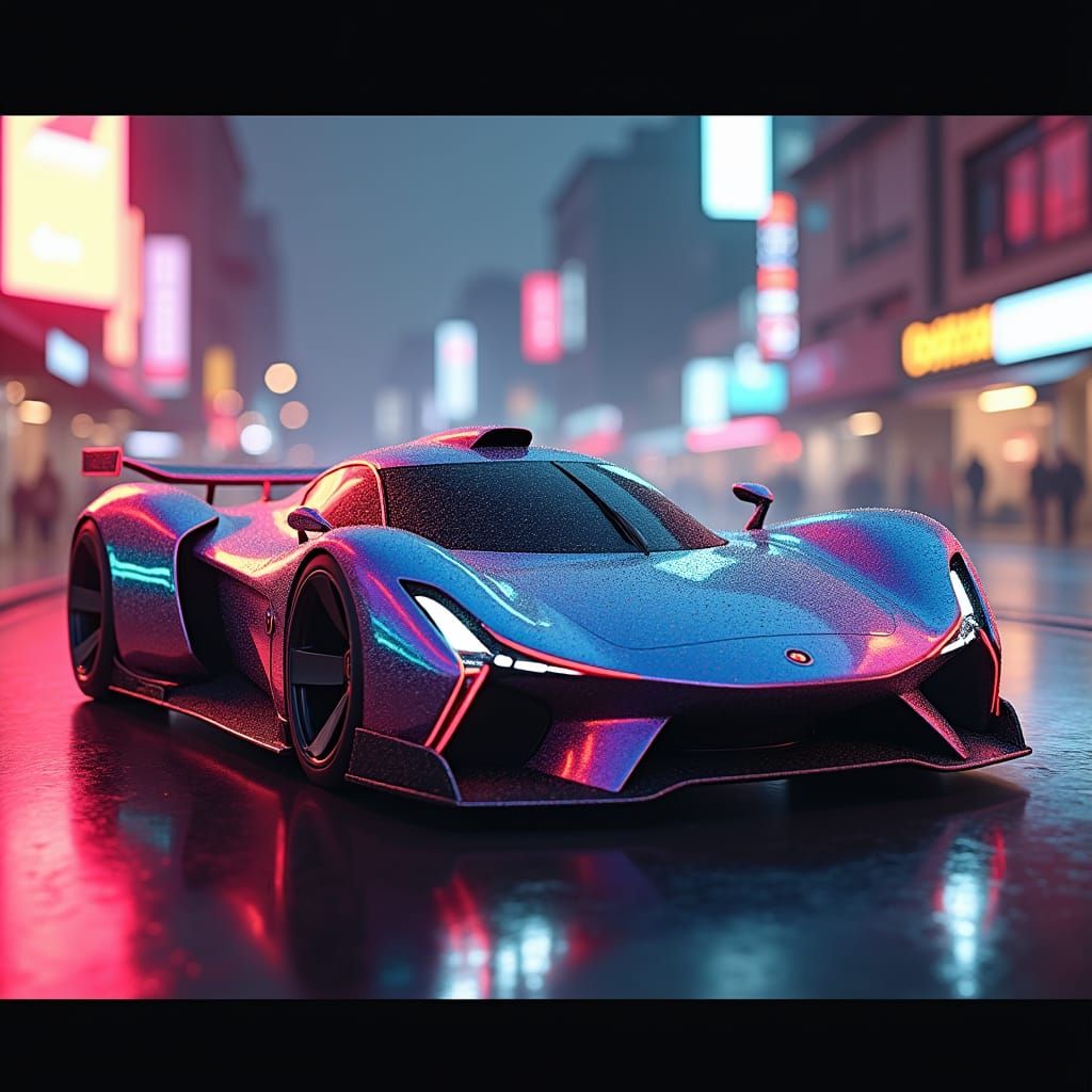 Sleek Hypercar Speeds Through Neon Cityscape