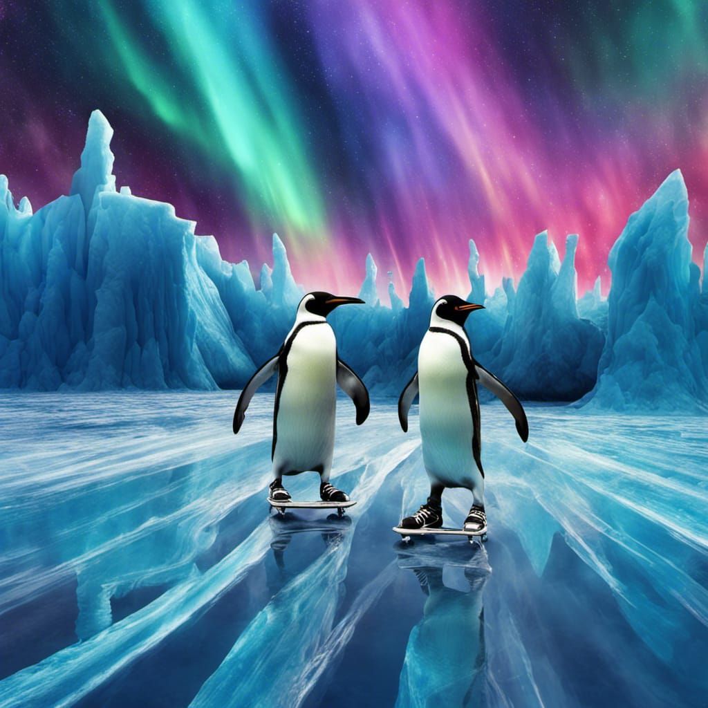 Penguins Skating on Crystal Ice Under Aurora