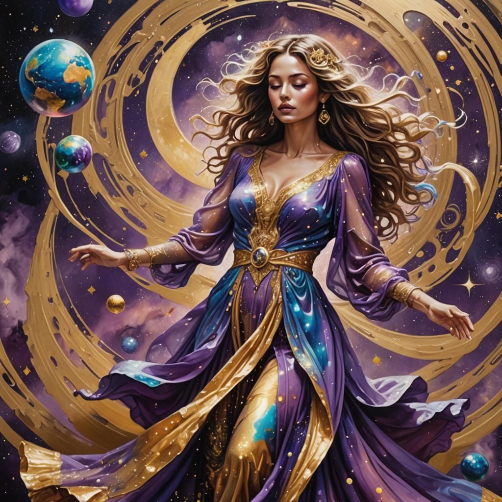 Luminescent Woman Dancing Above Golden Globe