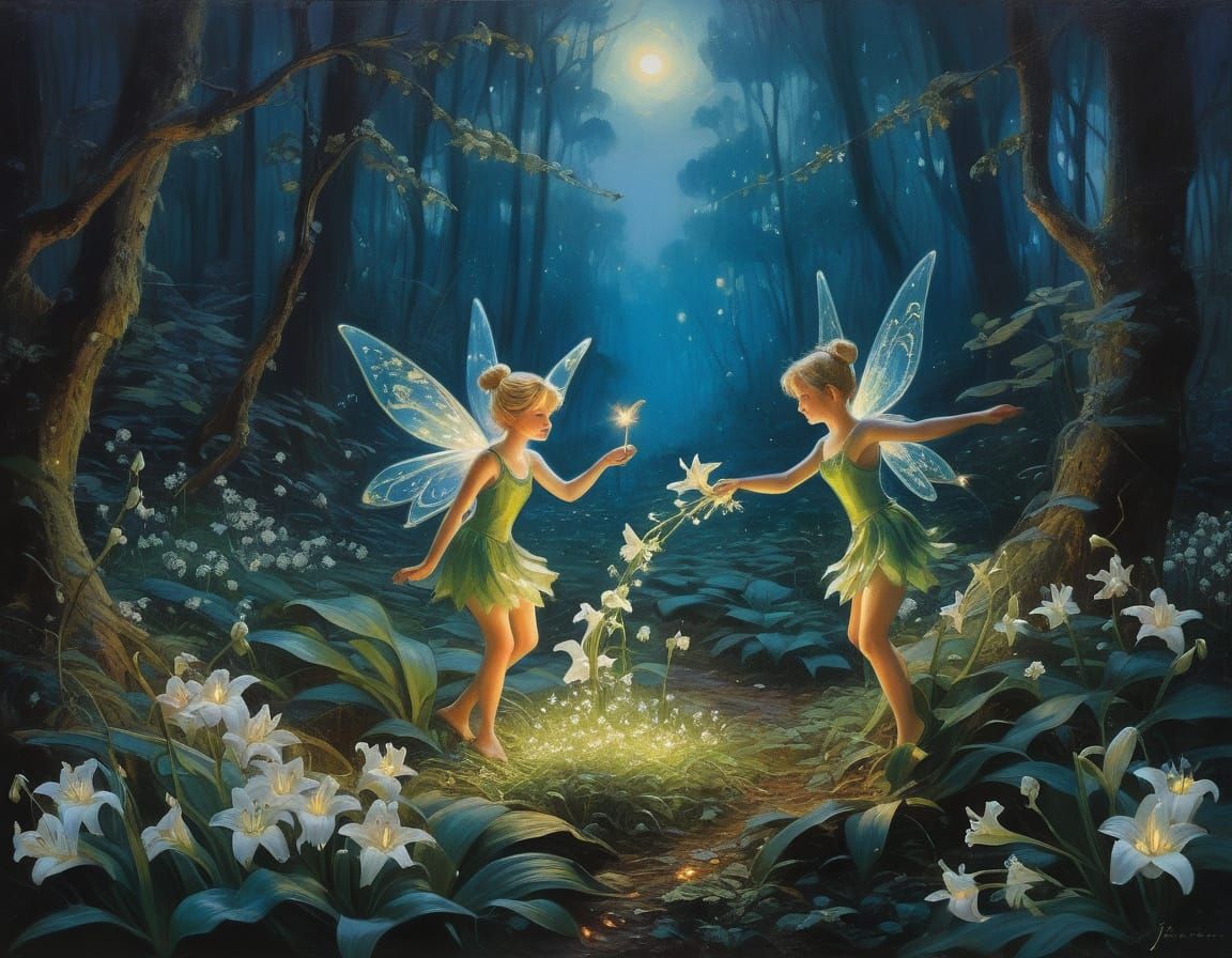 Fairies Dancing in a Lily-Lit Forest, Oil Painting