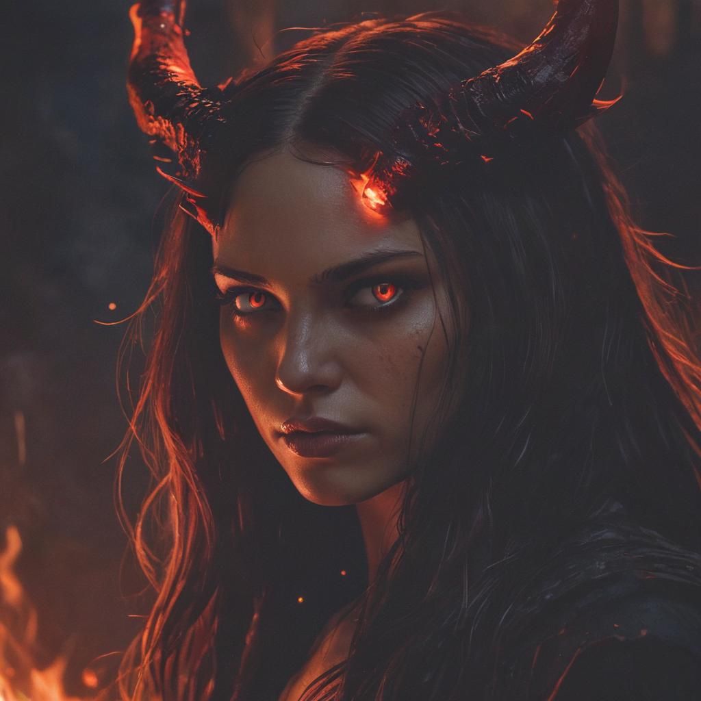 Demonic Woman in Fiery Hellscape Illustration