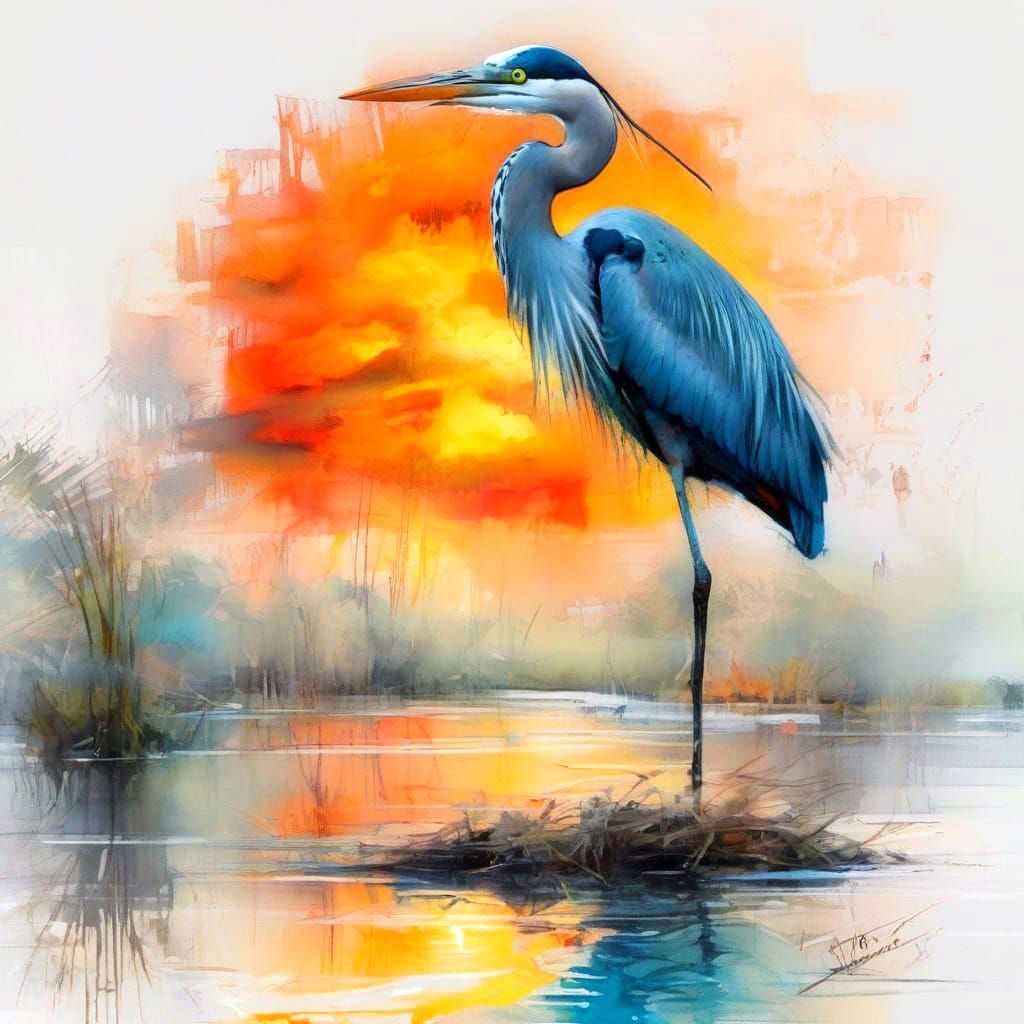 Ethereal Blue Heron in Vibrant Turquoise Sky