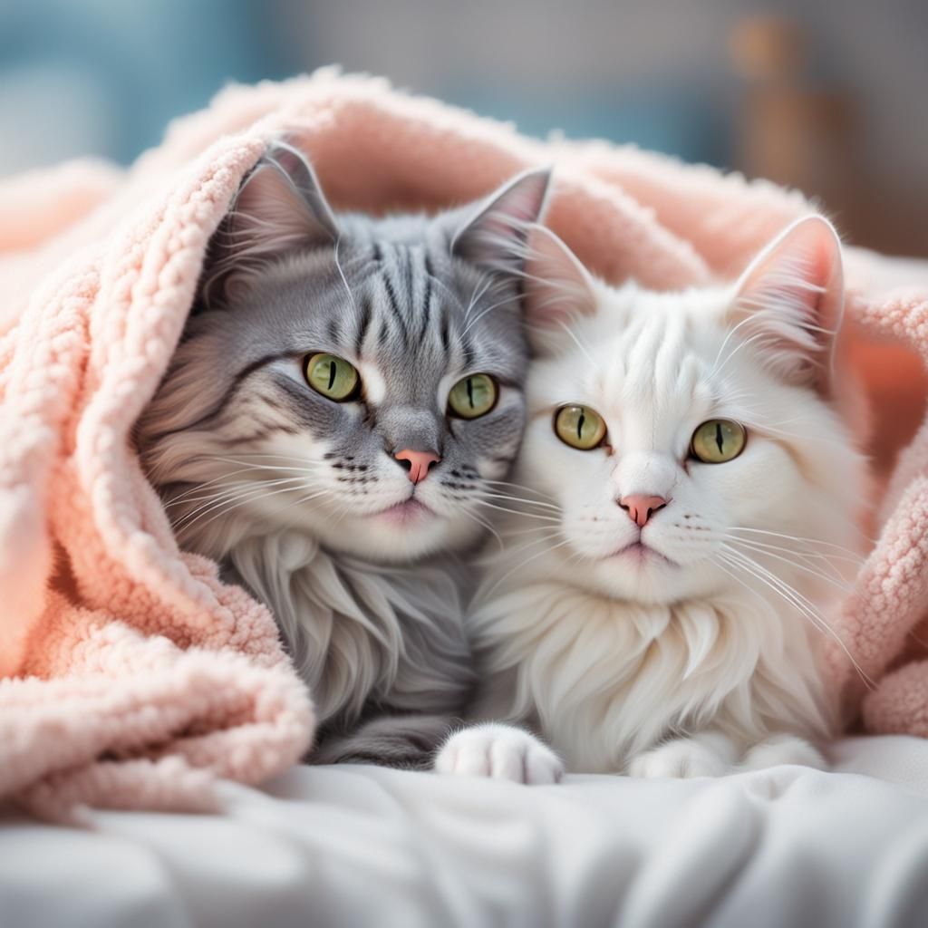 Playful Cats Rolling in Blanket, Anime Style