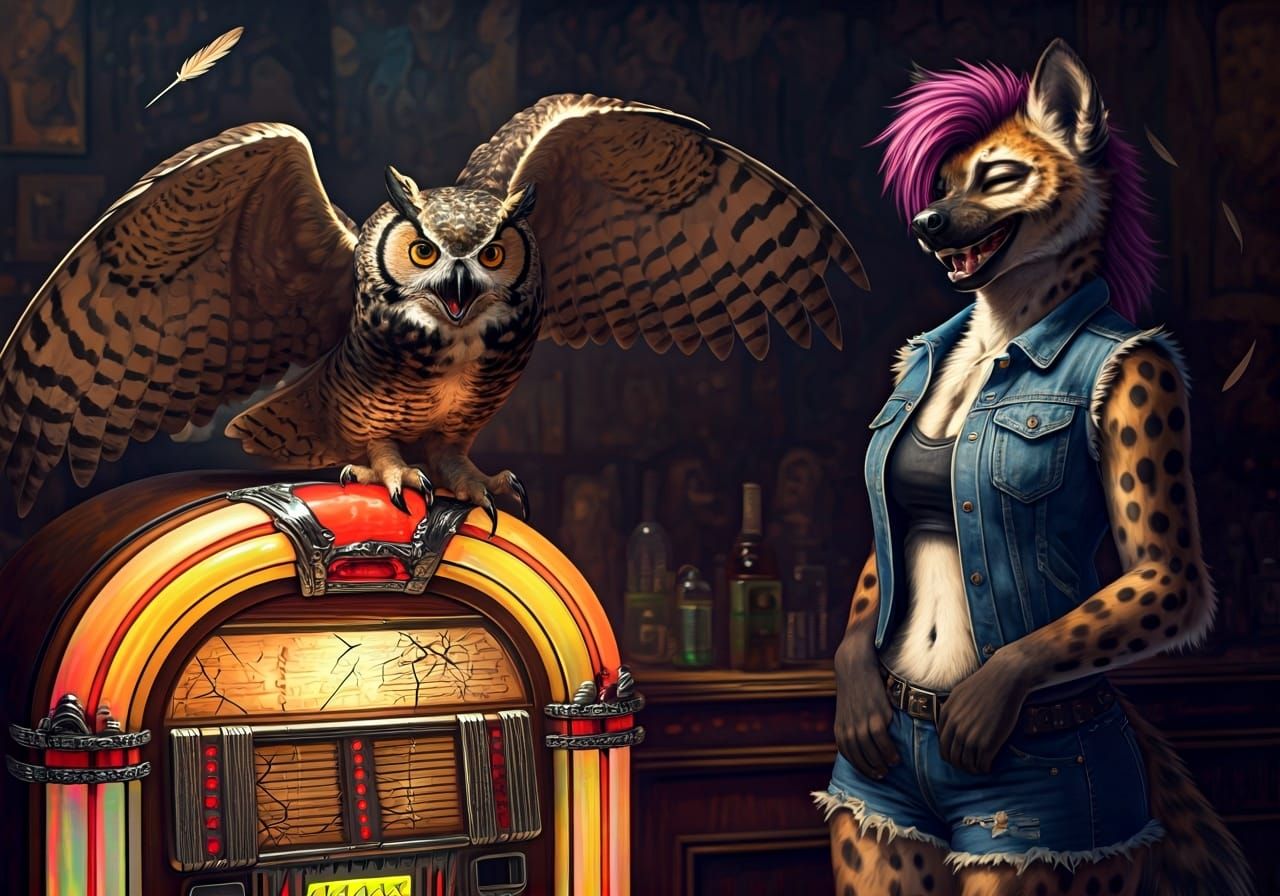 Owl Lands on Jukebox in Dimly Lit Bar