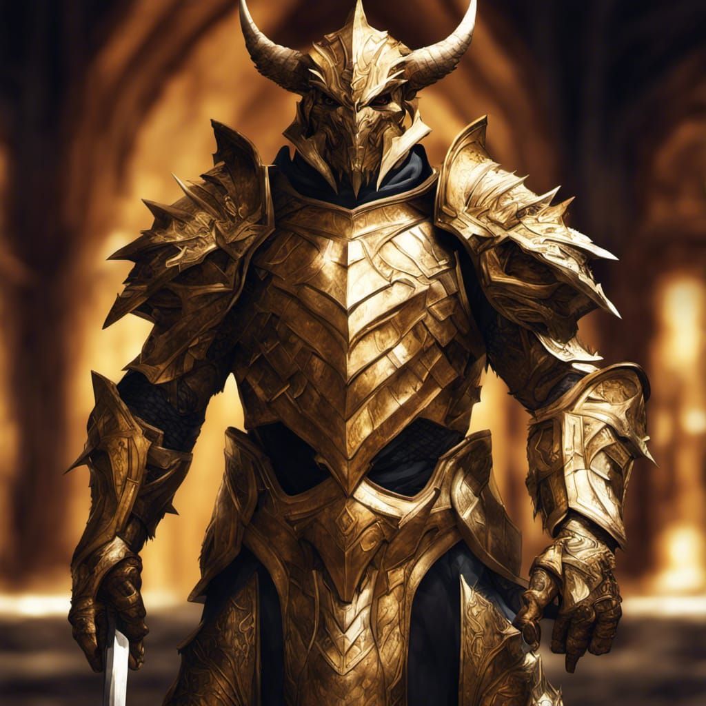 Gold Dragonborn Paladin Portrait in Hyperdetailed Style