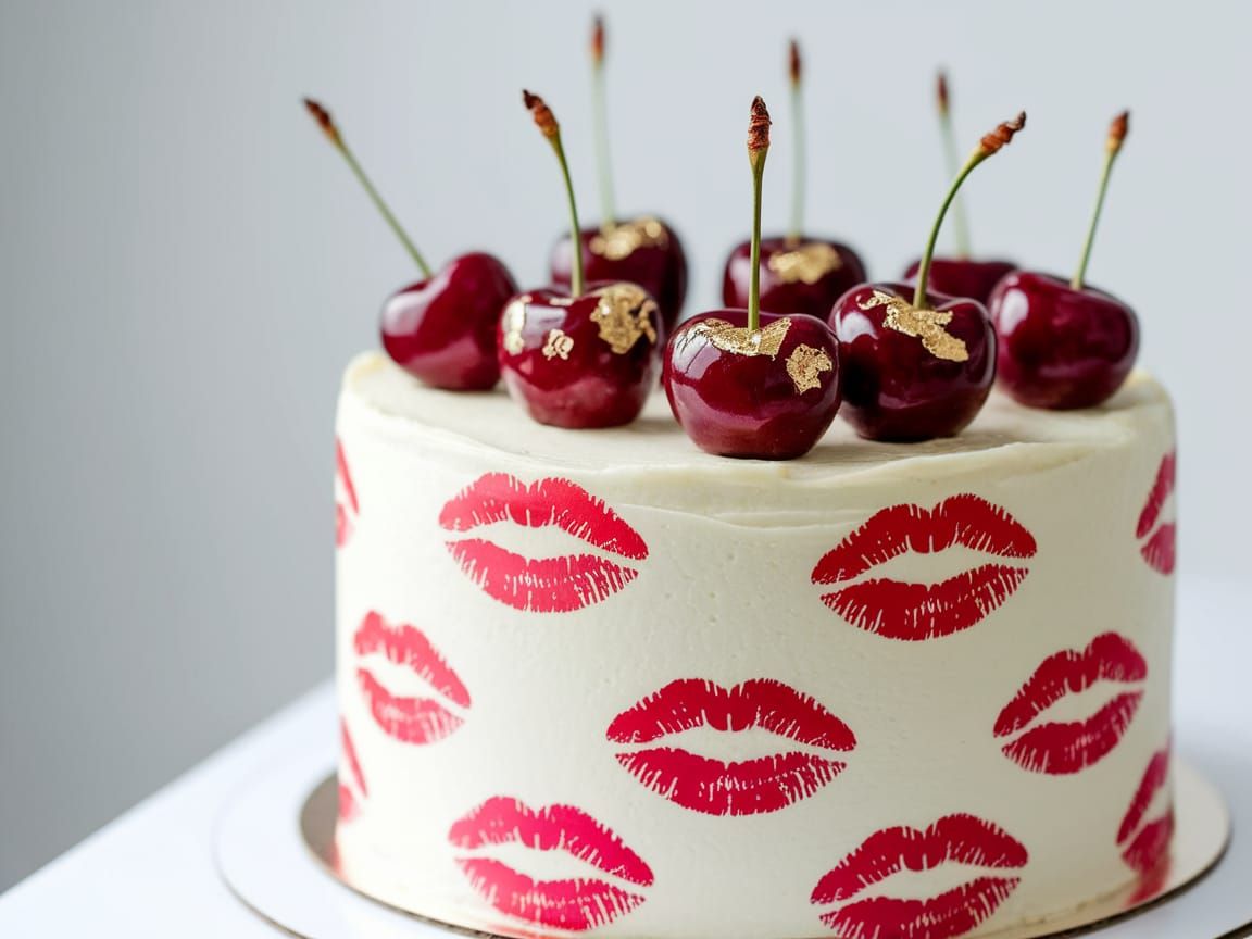 Striking Red Lip Print Cake with Gold Cherries